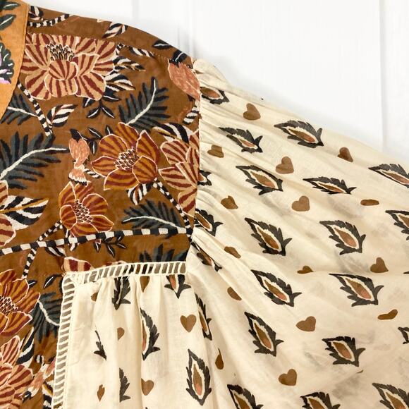 Nwot FARM RIO Top L Cream Brown Floral Pearly-Button Crochet Puff-Balloon-Sleeve - Picture 10 of 16